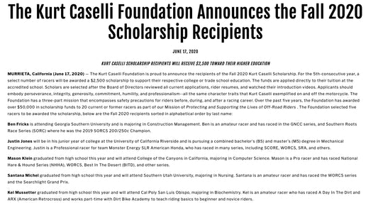 The Kurt Caselli Foundation Announces the Fall 2020 Scholarship Recipients